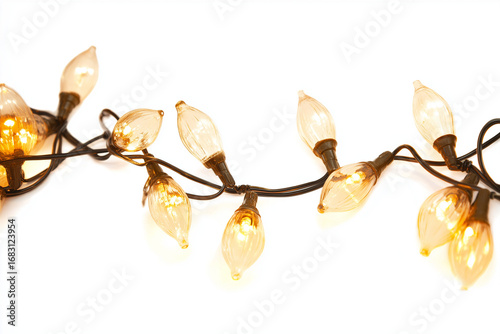 String of decorative fairy lights, warm glowing bulbs, isolated on white background