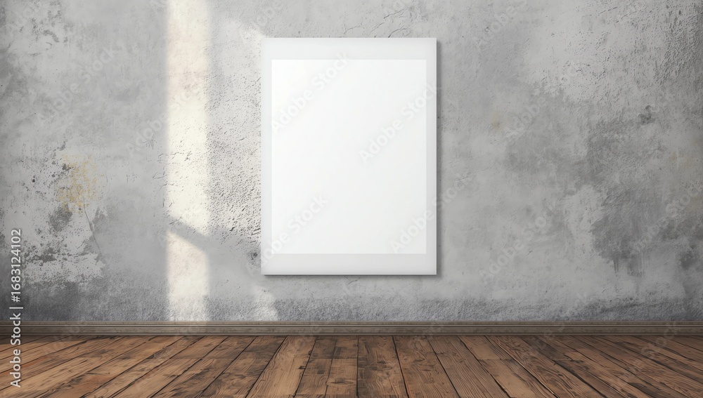 White Blank Poster in concrete wall and tropical wooden floor room,Template Mock up for your content