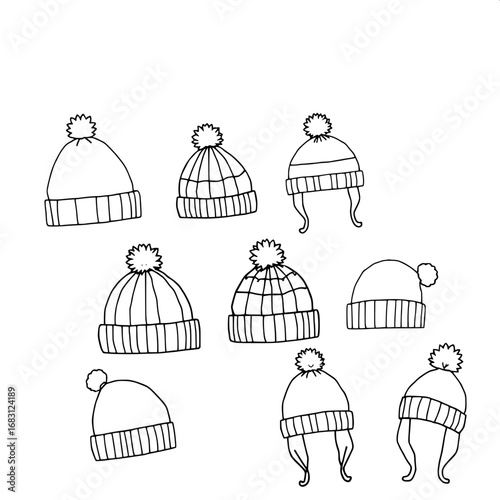 Collection of 9 hand-sketched winter hats in doodle-style silhouettes, featuring a variety of beanies, trapper hats, pom-pom caps, and earflap hats, with simple lines, minimal details, and bold outlin
