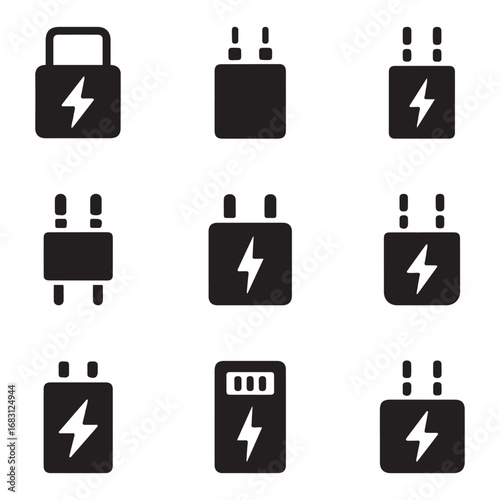 Set Charger adapter vector icon sign symbol. Vector black silhouette. with white background