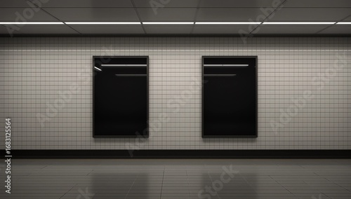 Two billboards frames in underground tube station mockup 3D rendering