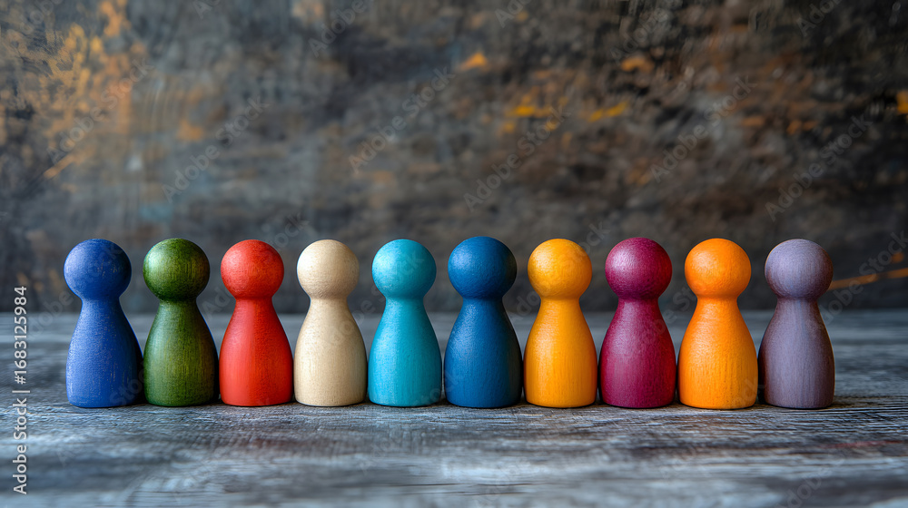 Naklejka premium Row of colorful wooden figurines on a textured surface. Diverse group representation.