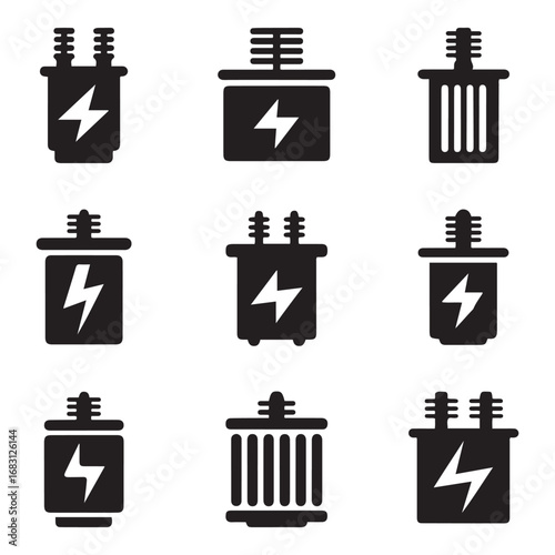 Set Electric transformer vector icon sign symbol. Vector black silhouette. with white background
