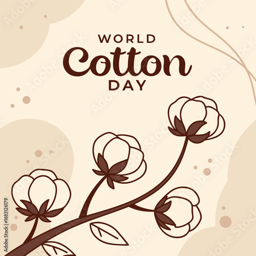 Simple cotton flower branch sketch with World Cotton Day text on light background