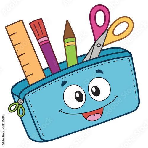 A light blue pencil case with a smiling, happy face on it. Inside the pencil case are several school supplies, including a ruler, a red marker, a green and brown crayon, and a pair of scissors.