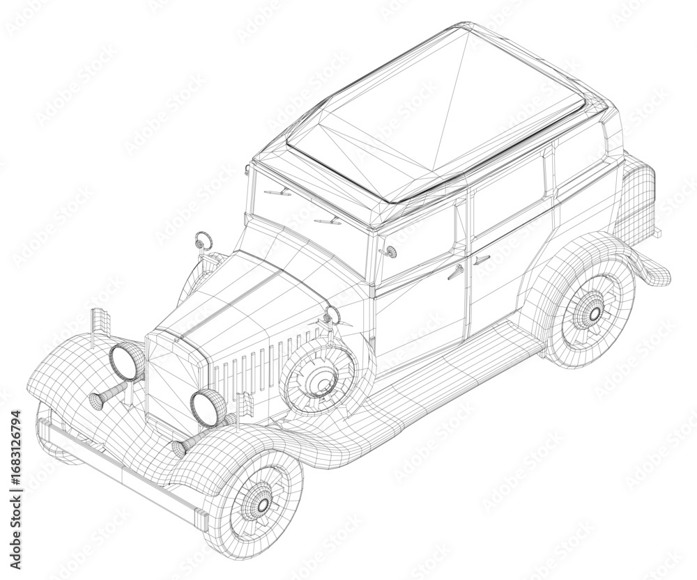 Fototapeta premium Old car wireframe model on white background, showcasing retro car design with realistic 3D structure and detailed vehicle contours.