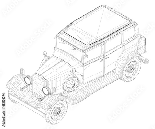 Old car wireframe model on white background, showcasing retro car design with realistic 3D structure and detailed vehicle contours.