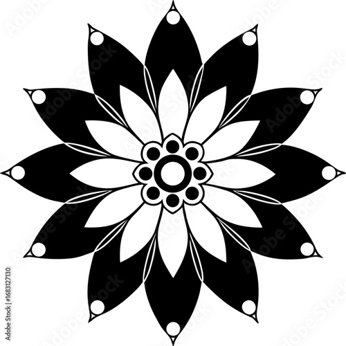 Black and White Floral Mandala with Solid Petals and Outline Accents Isolated on White Keywords: mandala, geometric, pattern, floral, design, ornamental, symmetrical, circular, abstract, art, black