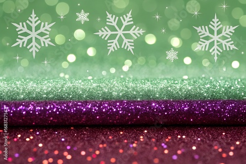 Festive glittery christmas background with snowflakes in green and purple colors