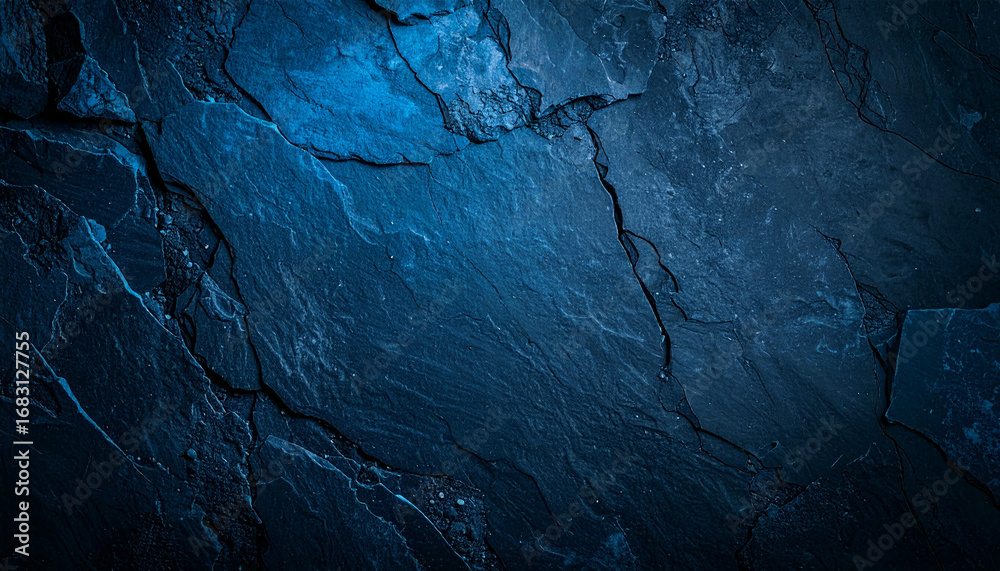 Naklejka premium Dark blue slate stone texture with deep fissures and uneven surface. The image showcases a close-up view of a rough, naturally fractured rock.