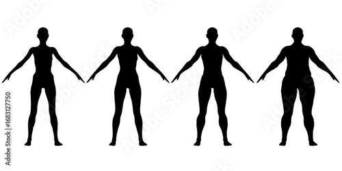 Silhouetted women with outstretched arms against a white background, representing diverse body types from slim to fuller figures.