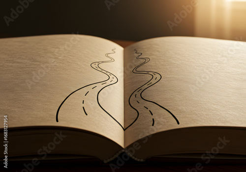 Book illustration with two paths decision and opportunity concept