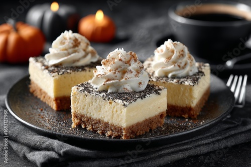 Wallpaper Mural Pumpkin Cheesecake Bites on black plate, topped with whipped cream and chocolate shavings. Concept of cozy atmosphere highlighting Pumpkin Cheesecake Bites with small squash-infused dairy bites. Torontodigital.ca