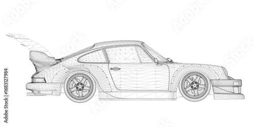 Sport car 3D model blueprint on white background, featuring detailed wireframe lines and realistic curves for a sport car design.