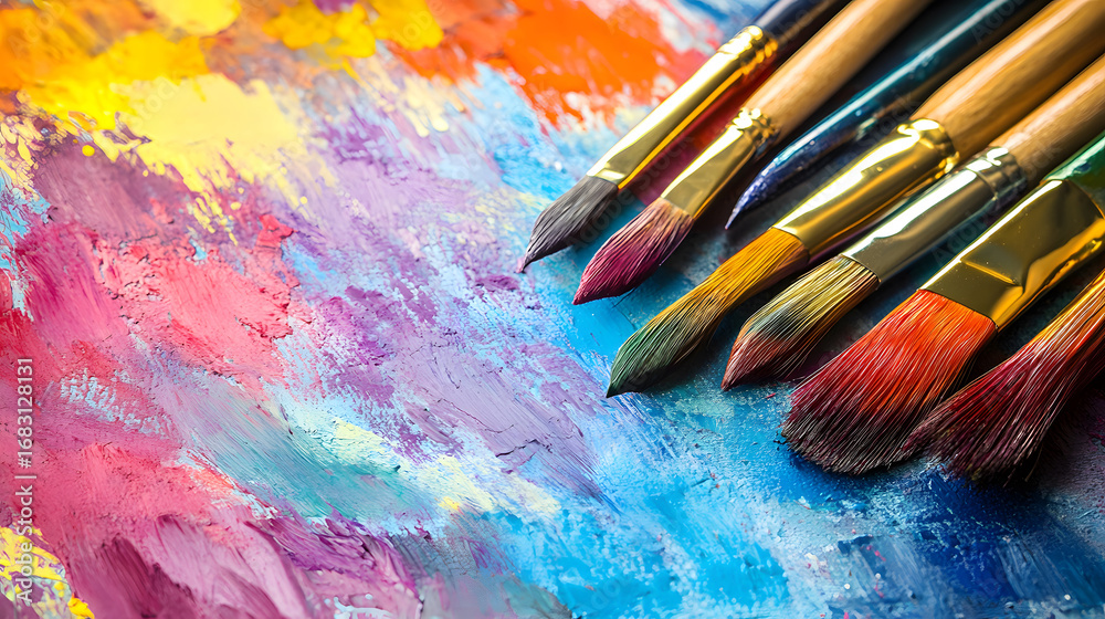 Fototapeta premium Colorful paintbrushes lying on an abstract painted surface with vibrant colors. Art supplies close up.