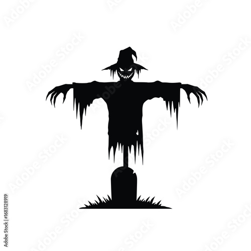 Scary scarecrow guarding tombstone icon grave silhouette