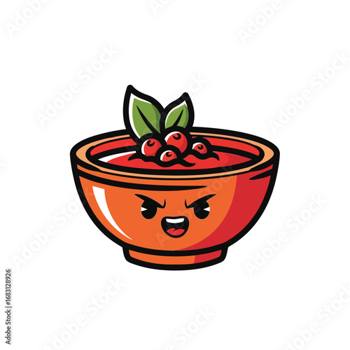 Vector illustration of cute cartoon bowl of soup with berries and leaves isolated on white for thanksgiving