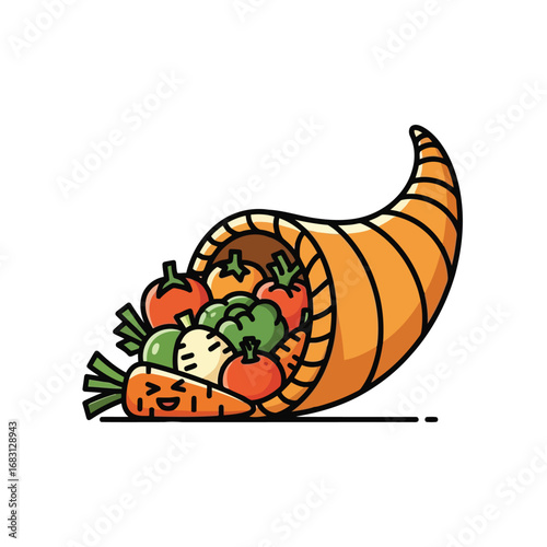 Vector illustration of cute cartoon cornucopia overflowing with fresh vegetables and fruits for thanksgiving