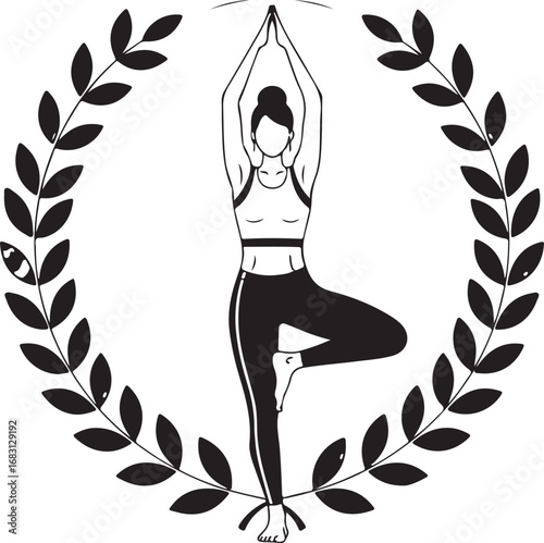 Woman in Tree Pose yoga within a laurel wreath vrikshasana