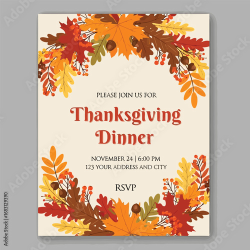 Vector illustration of thanksgiving dinner invitation with autumn leaves and festive text for thanksgiving