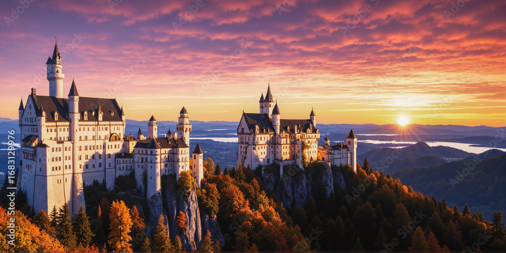 Obraz premium A castle on a high mountain with the evening sky as a background. AI generated.