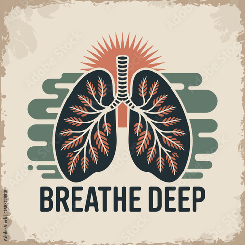 Stylized illustration of human lungs with a sunburst and the words breathe deep representing health and wellness