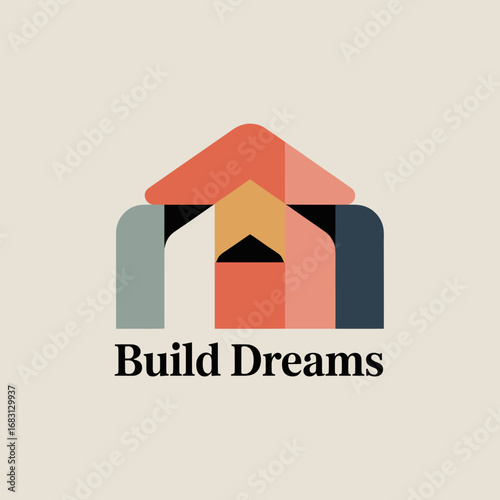 Modern abstract geometric house logo with the words build dreams in a minimalist design symbolizing home construction and aspirations