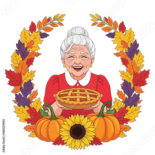 Vector illustration of happy grandmother holding a pie surrounded by autumn leaves and pumpkins for thanksgiving
