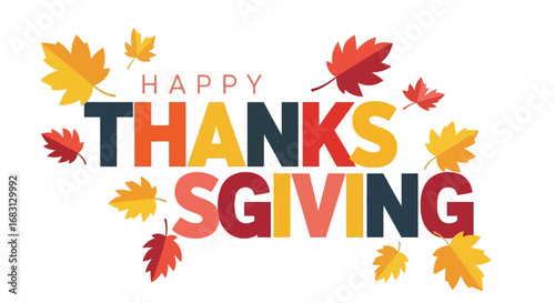 Vector illustration of happy thanksgiving text with falling autumn leaves for thanksgiving