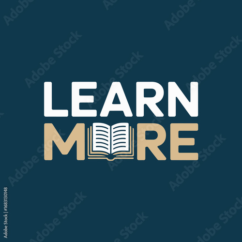 Learn more text with an open book illustration replacing the letter o symbolizing knowledge and education on a dark blue background