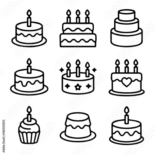 Assorted Cake and Cupcake Line Art Icons with Candles and Decorations.
