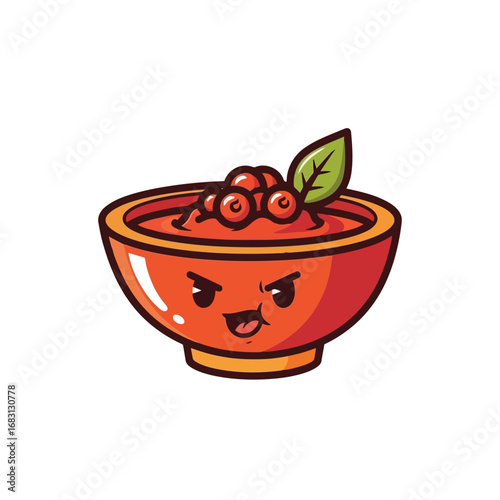 Vector illustration of cute cartoon bowl of soup with berries and leaf for thanksgiving