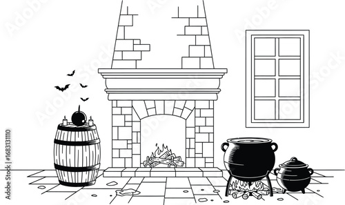 Cozy hearthside scene with vintage barrel and window illustration