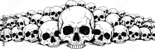 A large pile of human skulls forming a macabre crown or headdress