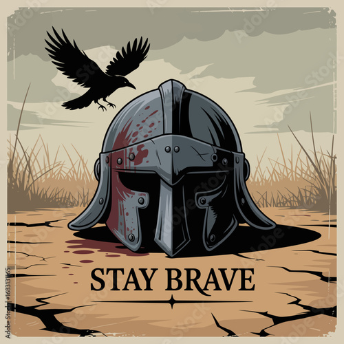 A weathered medieval knight s helmet sits on cracked dry earth beneath a soaring raven symbolizing courage and resilience in the face of adversity