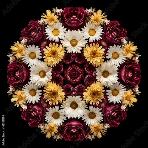 Decorative mandala design made of daisies roses symmetrical floral arrangement for textile prints wallpapers and bohemian inspired art