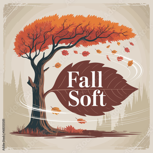 Stylized illustration of a vibrant autumn tree with falling leaves and a large leaf bearing the words fall soft evoking a gentle seasonal transition and cozy atmosphere