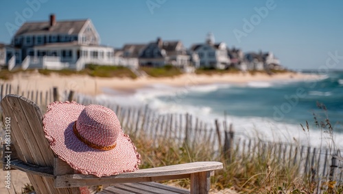 Beach scene with pink hat on chair, sandy dunes and white fences leading to elegant Nantucket homes, sunny day with calm ocean waves and bright blue sky