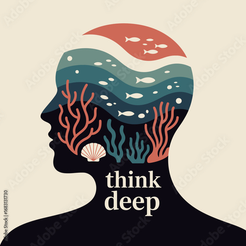 Creative silhouette of a human head filled with a vibrant underwater ocean scene featuring coral reefs fish and a sandy seabed symbolizing deep thinking and imagination