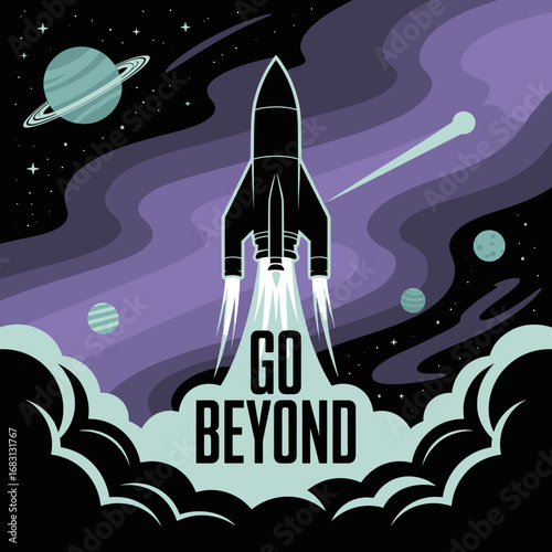 A powerful black rocket ship blasts off into a vibrant purple and blue galaxy with swirling nebulae planets and a shooting star inspiring adventure and exploration