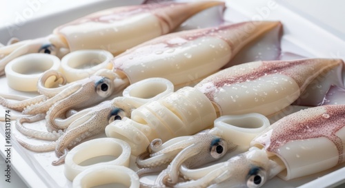 Fresh raw squid on a white tray ready for cooking seafood dishes.