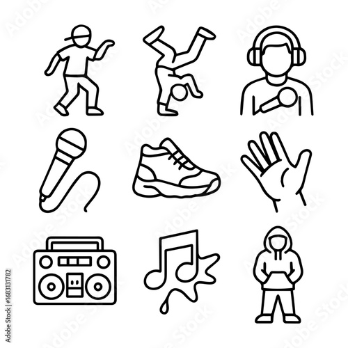 Line Art Icons Depicting Hip Hop Culture Elements and Breakdancing.