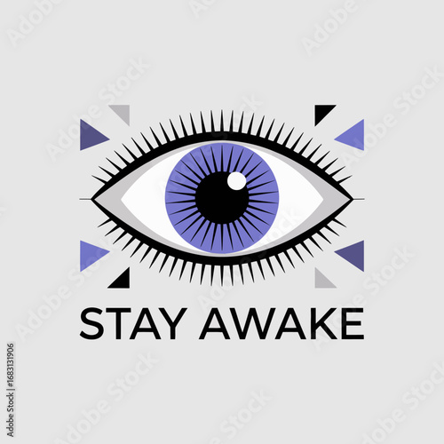 Stylized all seeing eye with purple iris and eyelashes surrounded by geometric shapes and the text stay awake on a light gray background