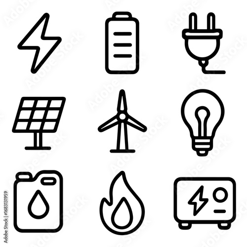 Nine Bold Line Icons Depicting Renewable and Nonrenewable Energy Sources.