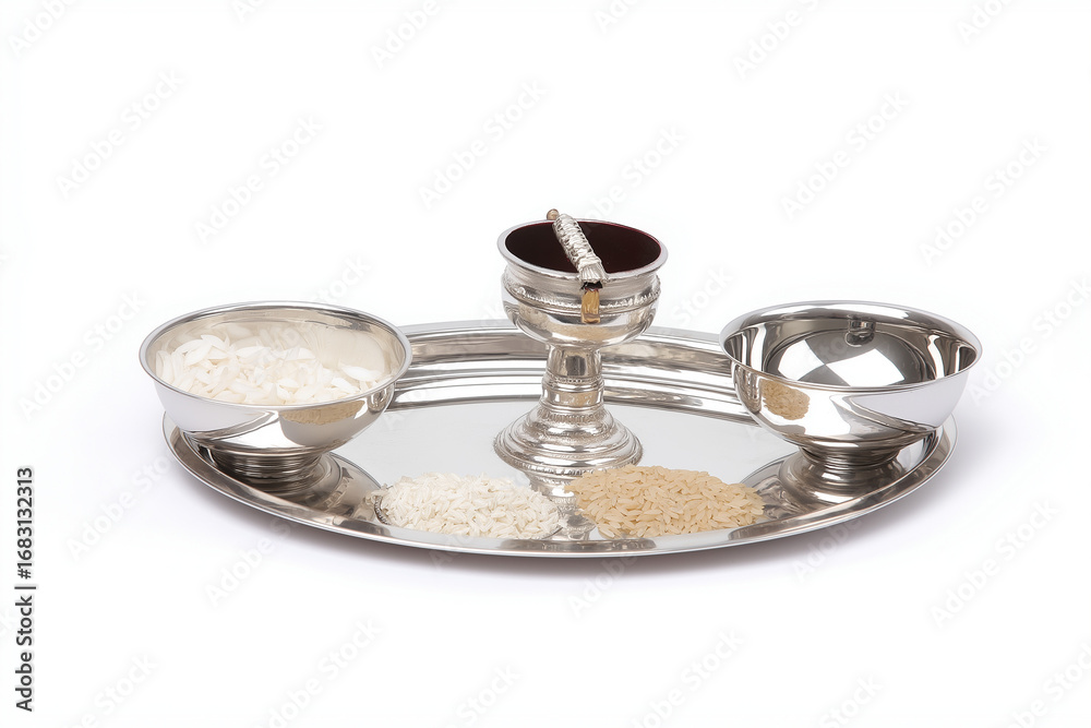 Naklejka premium Silver puja thali with diya, kumkum bowl, and rice grains, shiny polished finish, isolated on white and transparent background