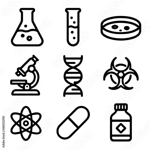 Scientific Icons Flask Test Tube Petri Dish Microscope DNA Biohazard Atom Pill Bottle.