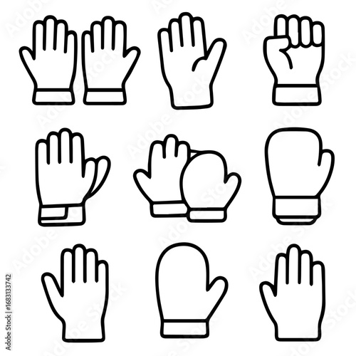 Various Hand Gestures and Protective Gloves Outlined in Bold Black Lines.