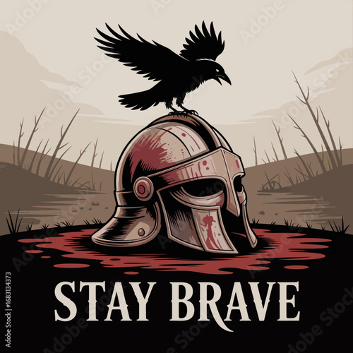 A weathered ancient warrior helmet sits in a pool of blood with a raven perched on top the text stay brave is displayed below the helmet against a desolate background