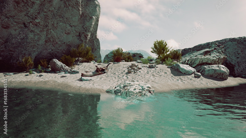 Fototapeta premium A serene shoreline features smooth pebbles and lush greenery under a blue sky. The calm waters reflect the rocky cliffs, creating a picturesque landscape inviting exploration.