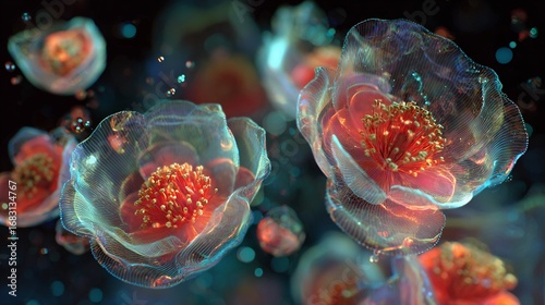 Digital glowing neon flowers futuristic holographic style luminous petals floating in dark background fantasy floral art